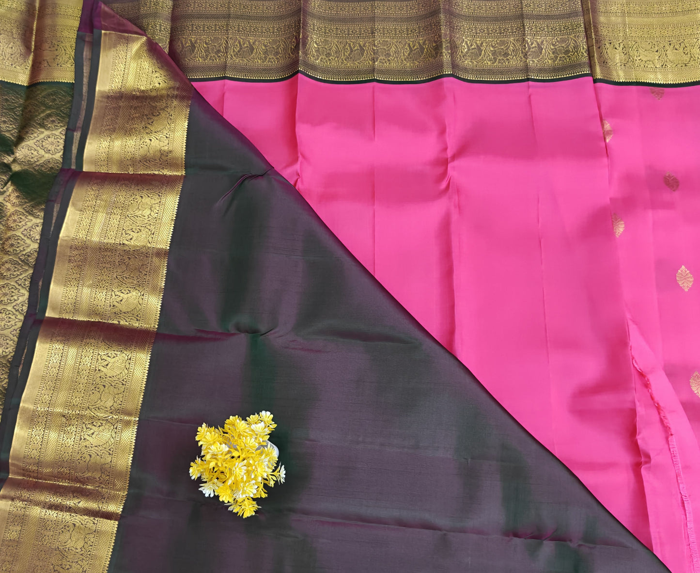 Rani Pink Pure Silk Saree with Dark Green Border