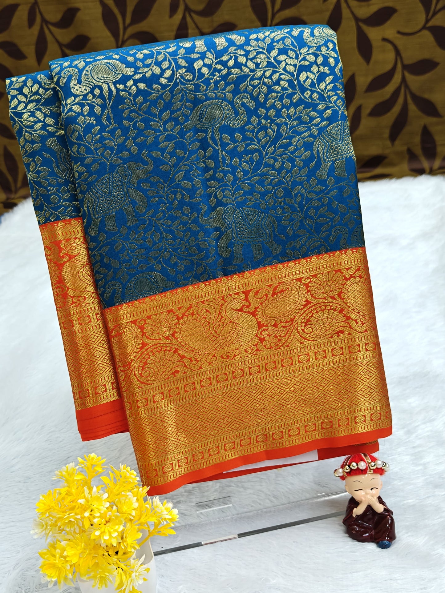 Royal Blue Korvai Saree with Orange Border