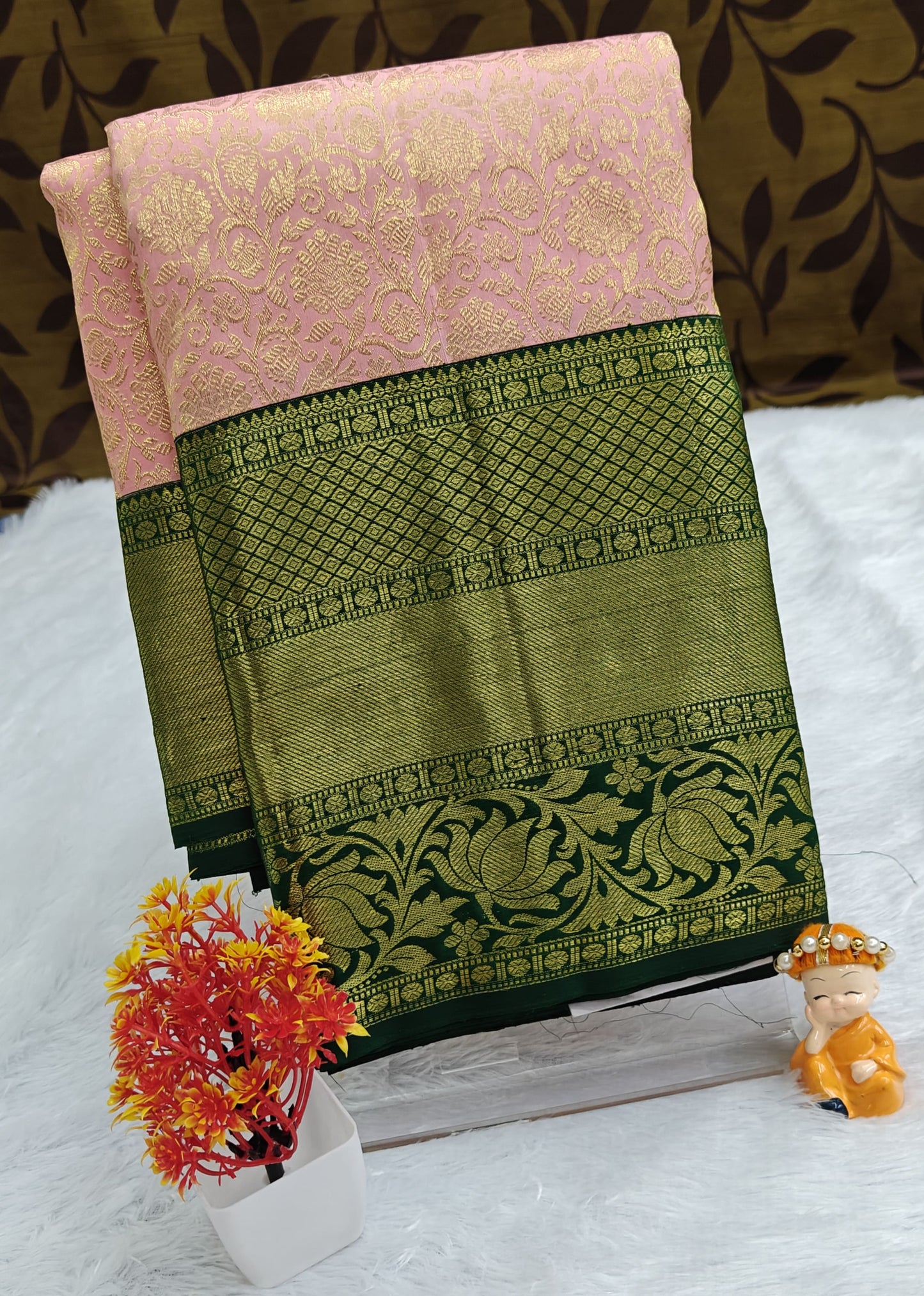 Peach Korvai Saree with Dark Green Border