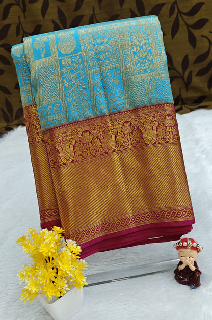 Sky Blue Pure Bridal Silk Saree with Maroon Border