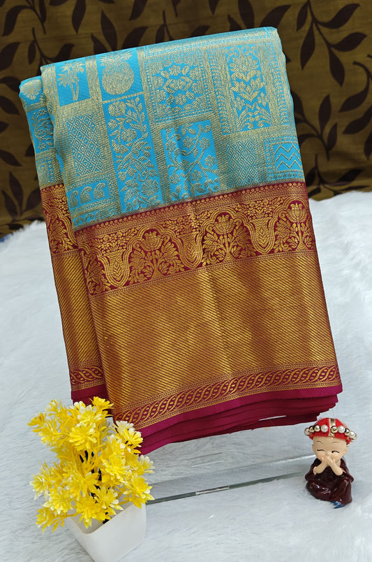 Sky Blue Pure Bridal Silk Saree with Maroon Border