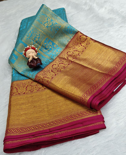 Sky Blue Pure Bridal Silk Saree with Maroon Border