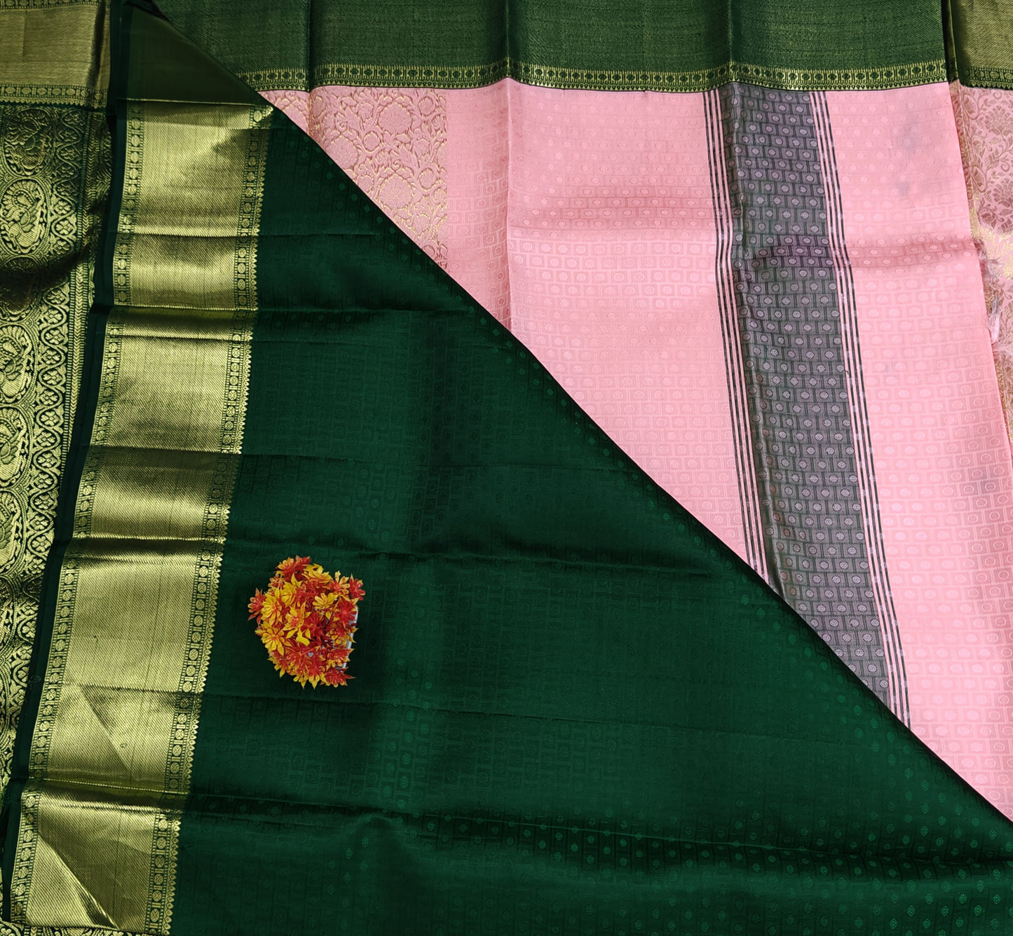 Peach Korvai Saree with Dark Green Border
