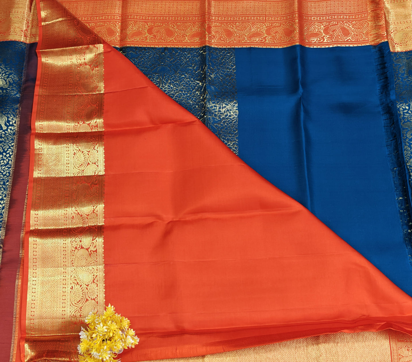 Royal Blue Korvai Saree with Orange Border