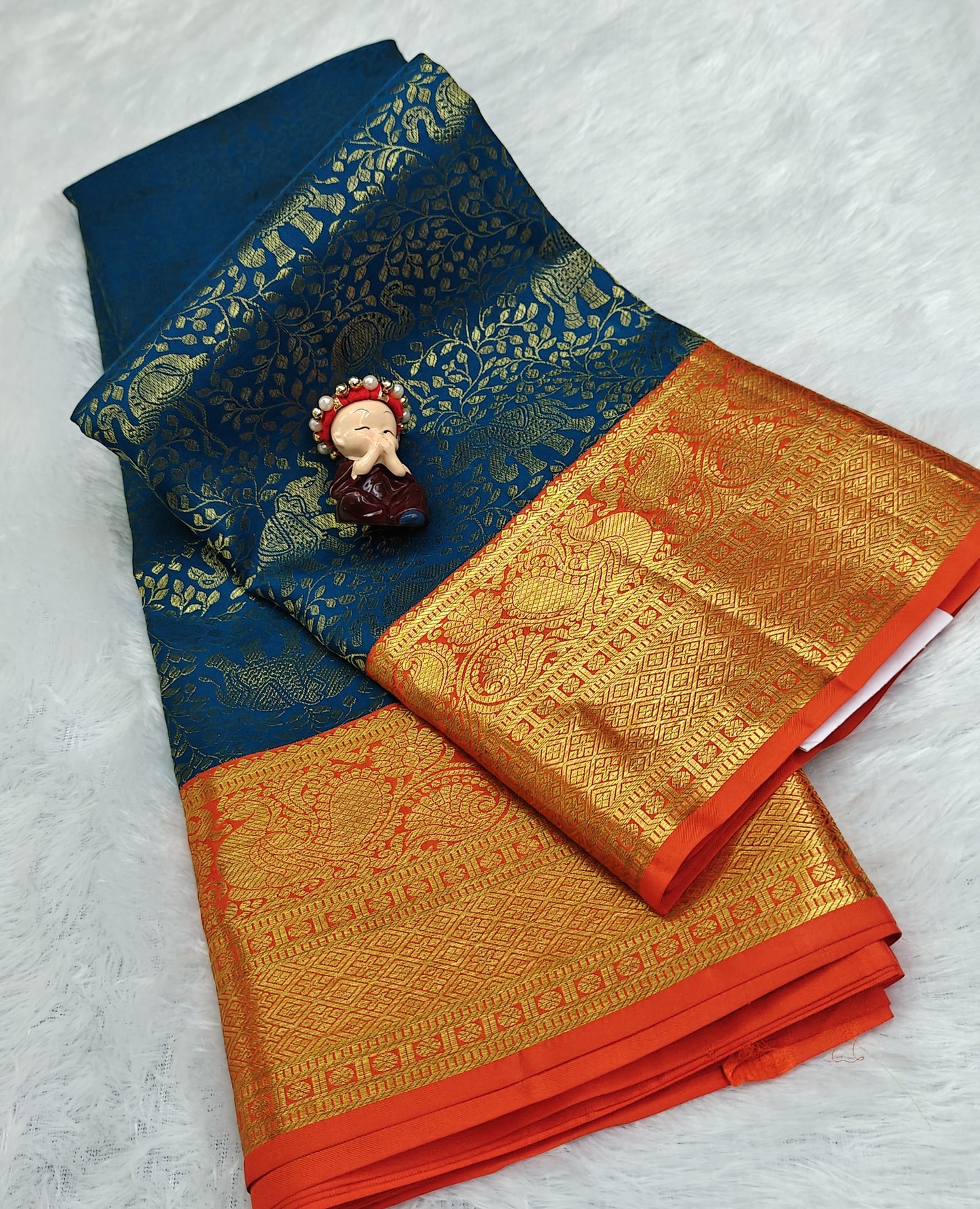 Royal Blue Korvai Saree with Orange Border