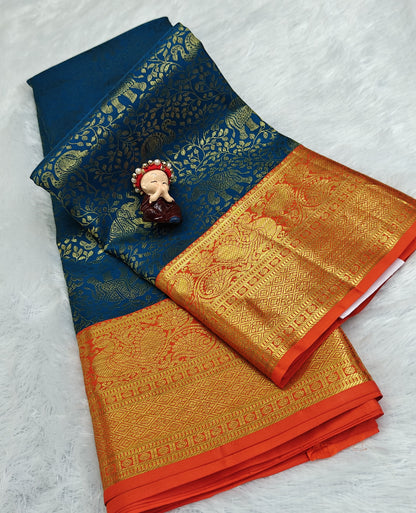 Royal Blue Korvai Saree with Orange Border