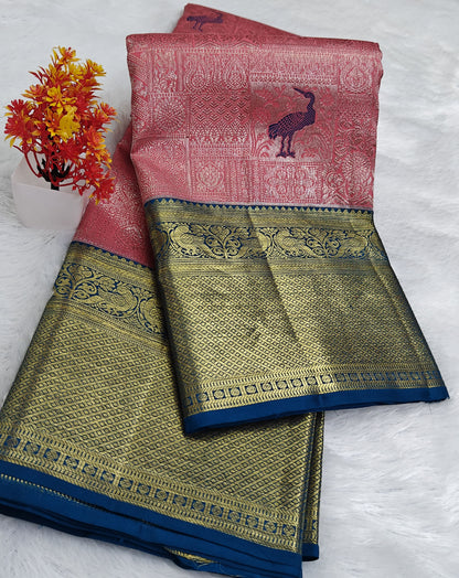 Pink Korvai Saree with Royal Blue Border