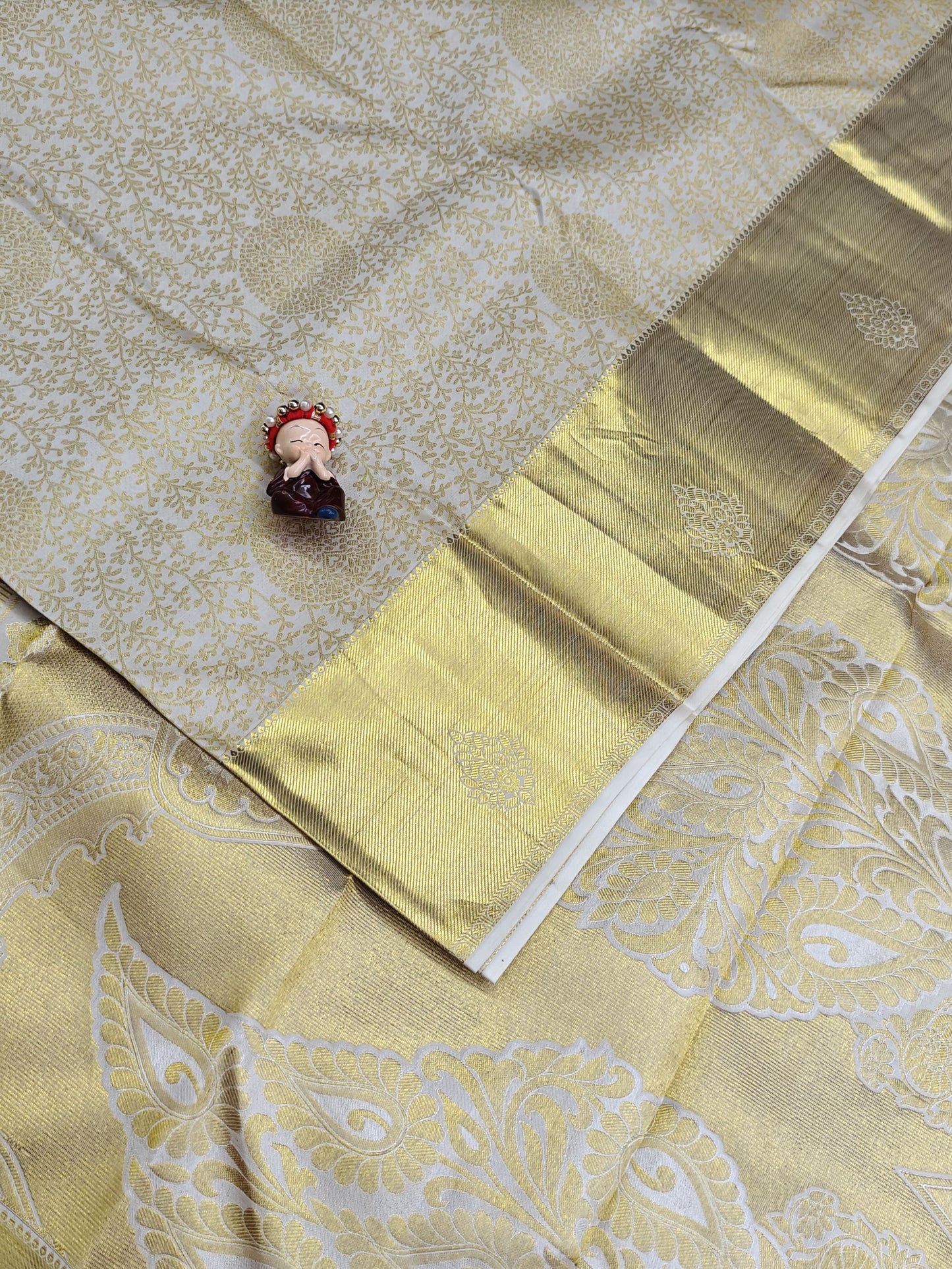 Off-White Pure Bridal Saree with Gold Border