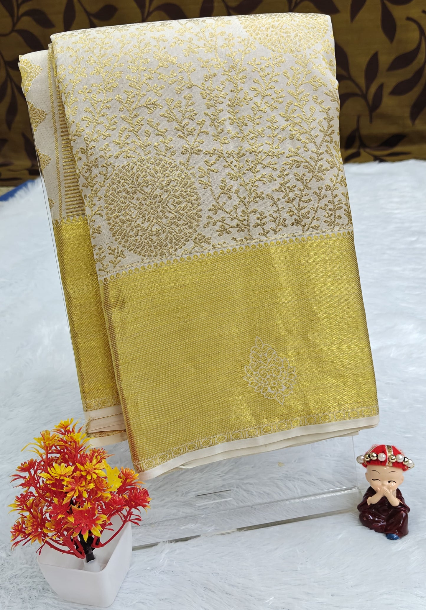 Off-White Pure Bridal Saree with Gold Border
