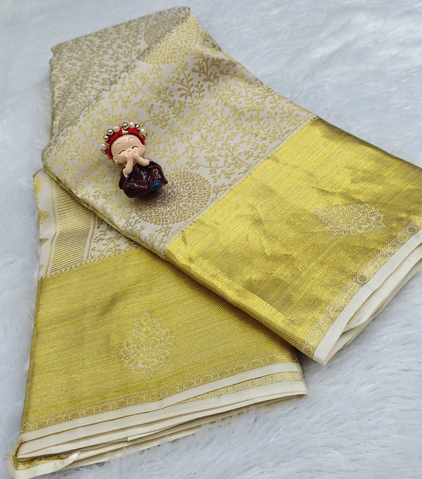 Off-White Pure Bridal Saree with Gold Border