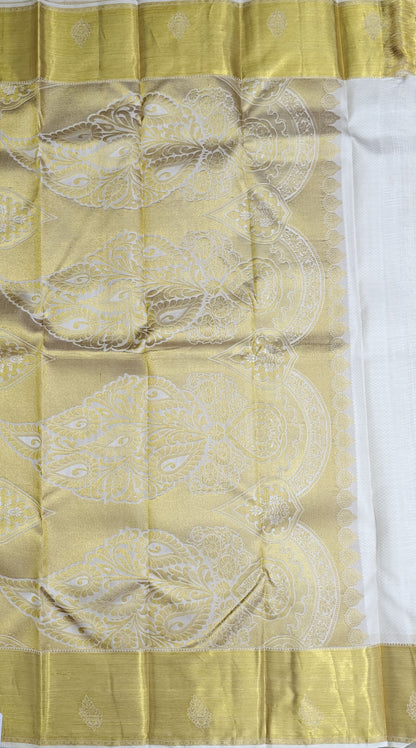 Off-White Pure Bridal Saree with Gold Border