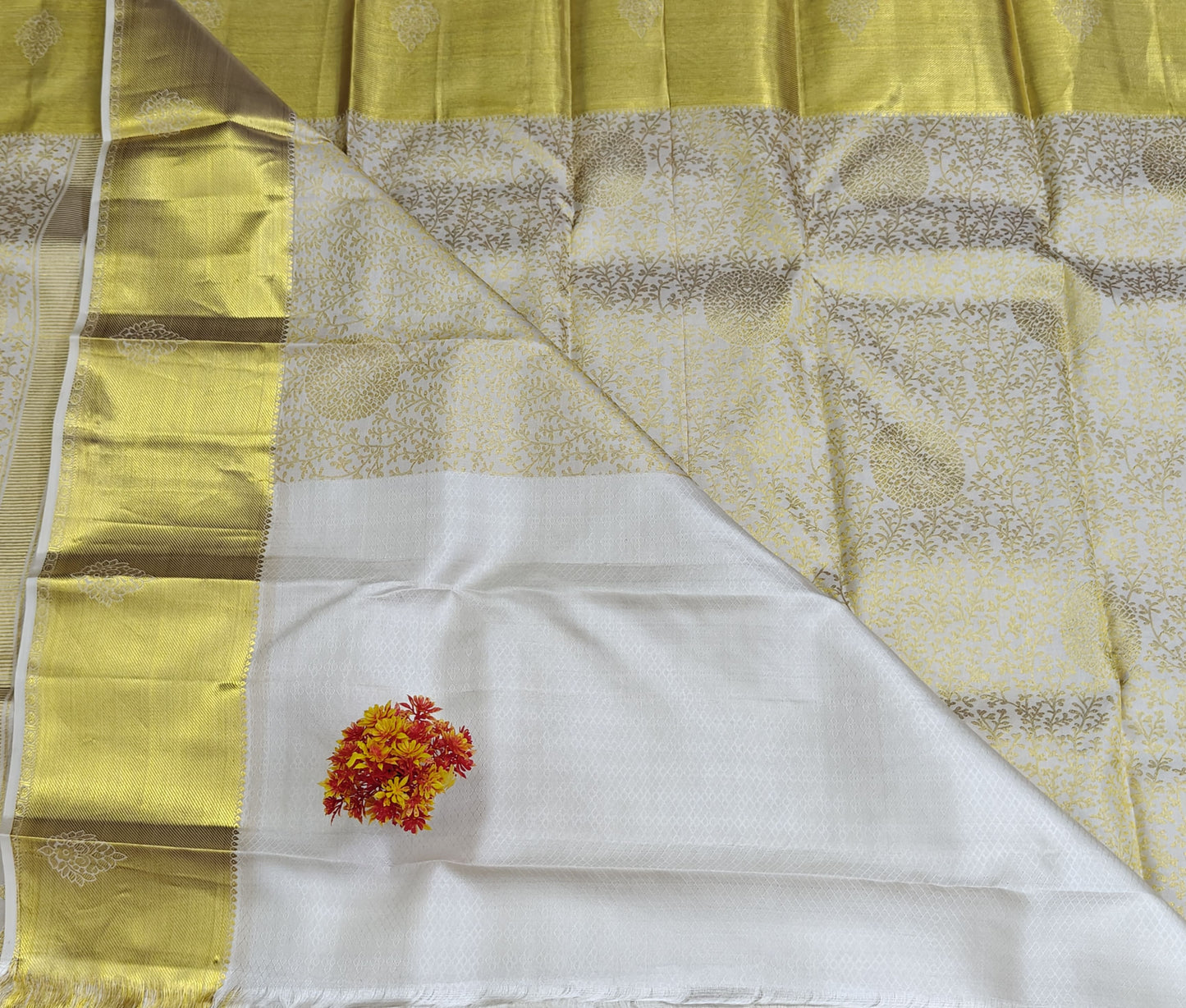Off-White Pure Bridal Saree with Gold Border