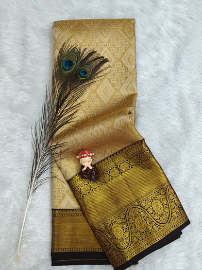 Gold Tissue Saree with Coffee Brown Border