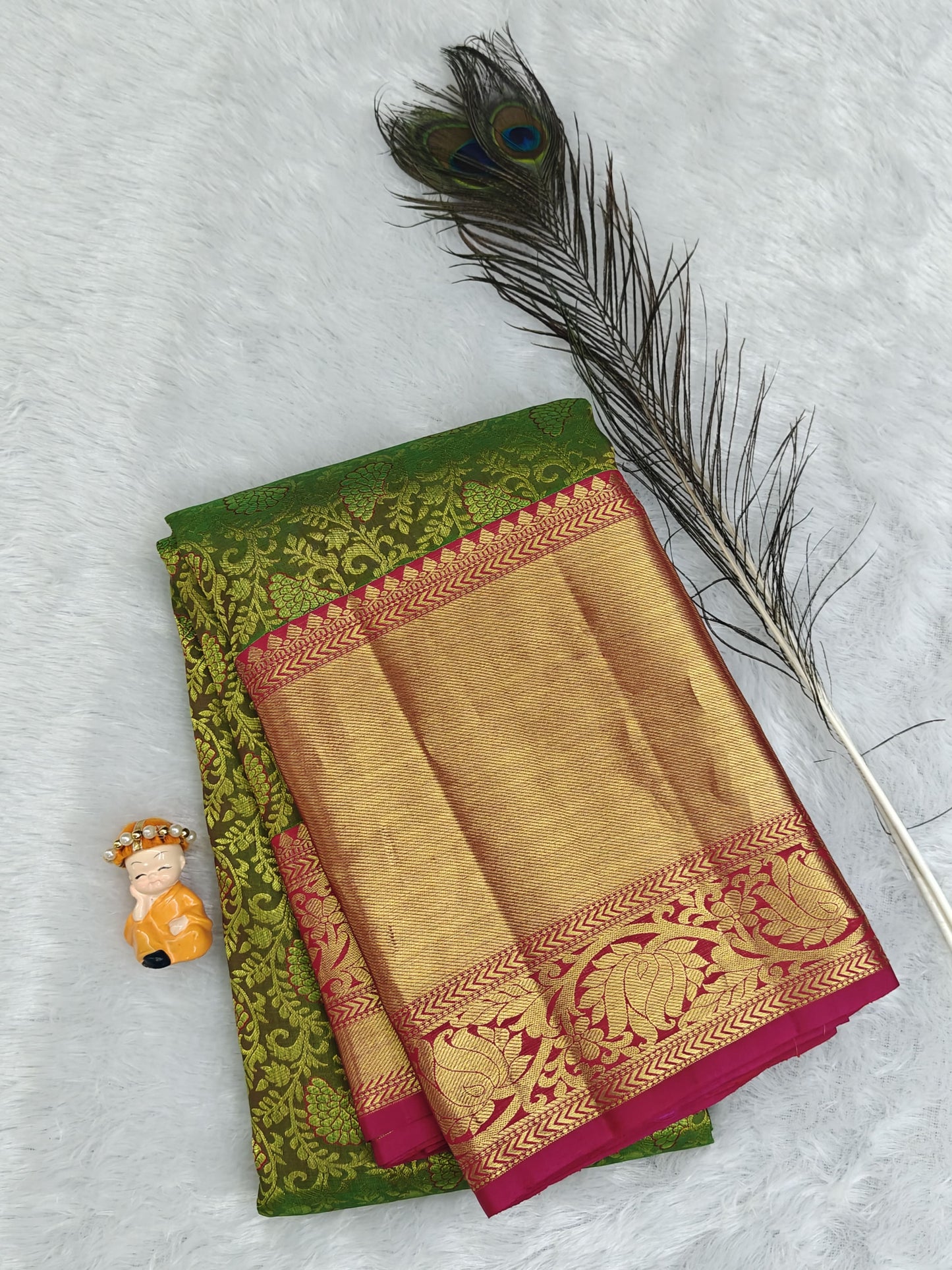 Green Bridal Silk Saree with Rani Pink Border