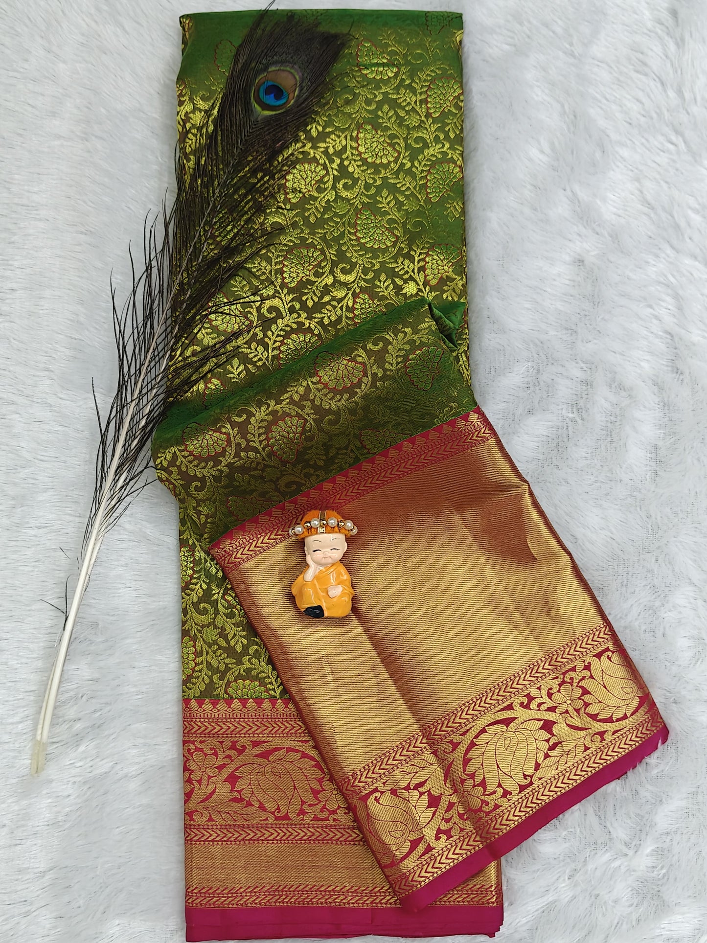 Green Bridal Silk Saree with Rani Pink Border