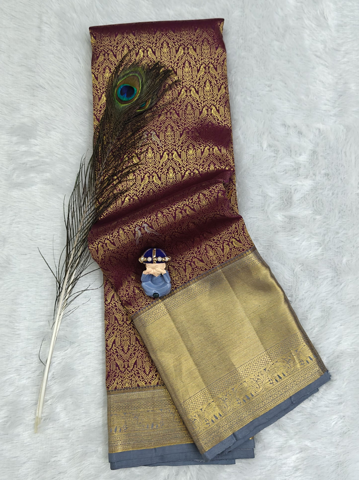 Wine Color Bridal Silk Saree with Pastel Grey Border