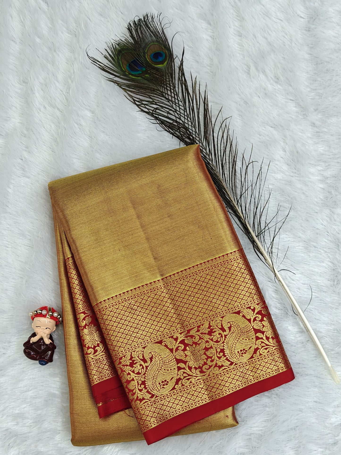Golden Bridal Silk Saree with Red Border