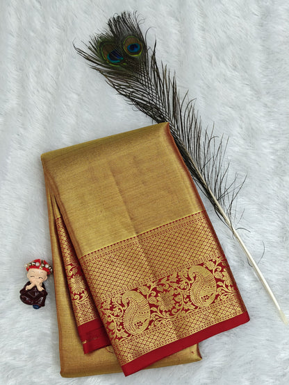 Golden Bridal Silk Saree with Red Border