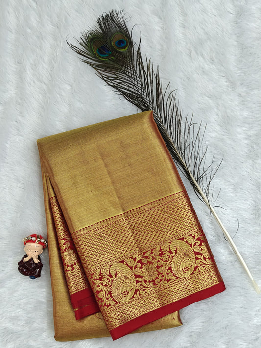 Golden Bridal Silk Saree with Red Border