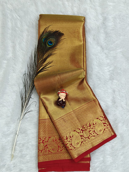 Golden Bridal Silk Saree with Red Border