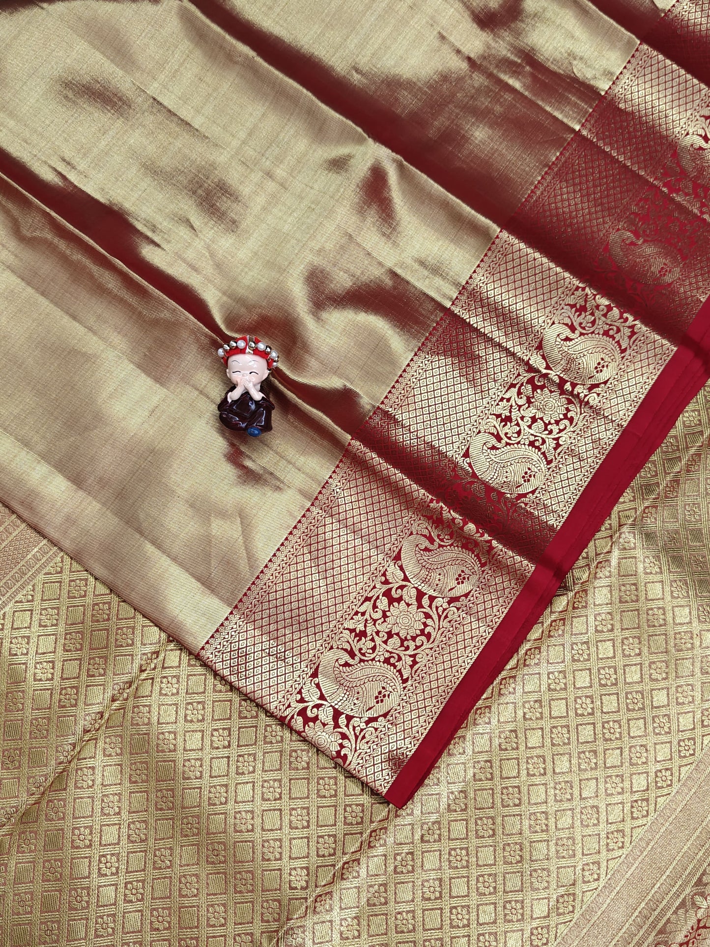 Golden Bridal Silk Saree with Red Border