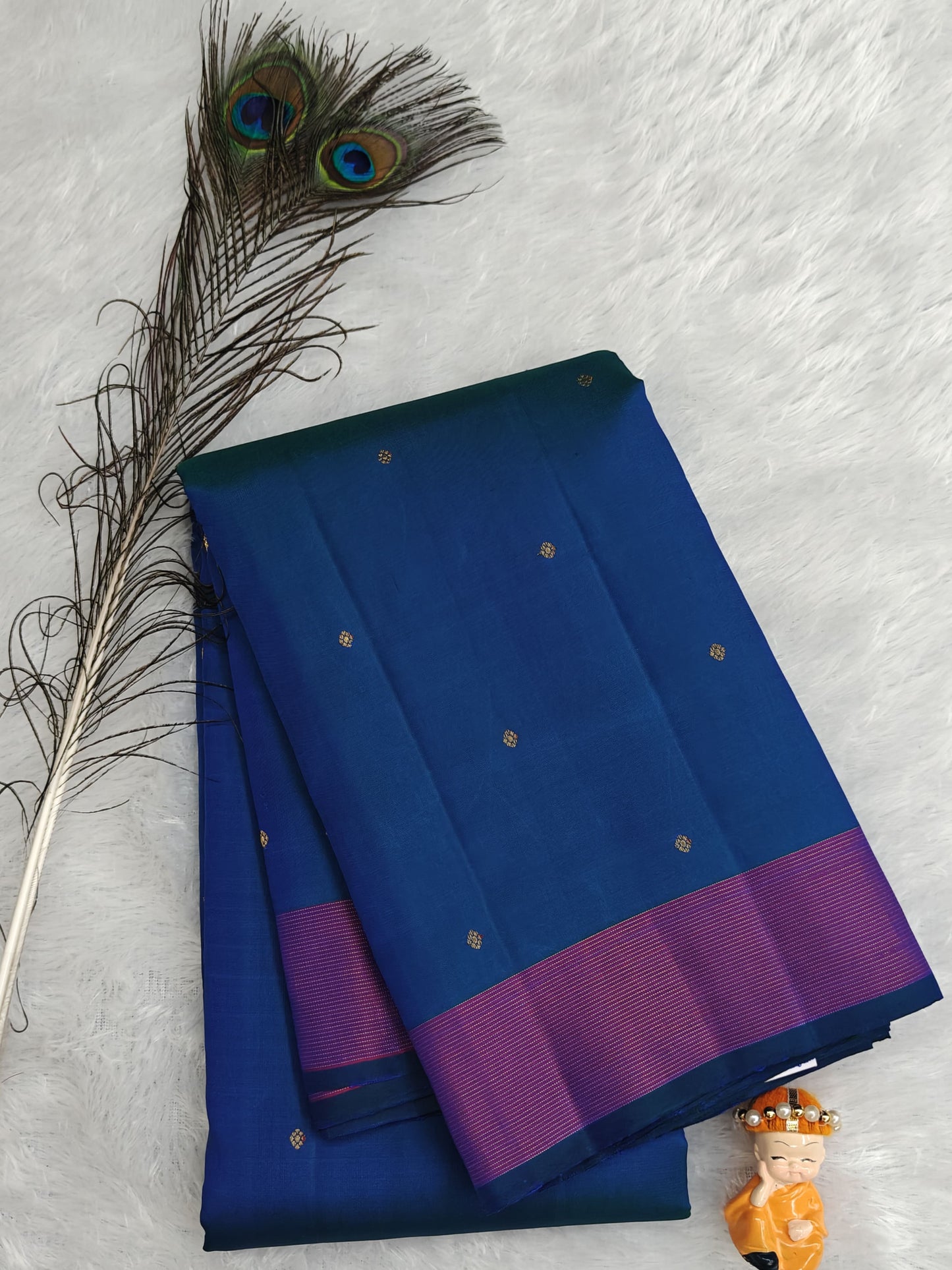Peacock Blue Pure Silk Saree with Purple Border