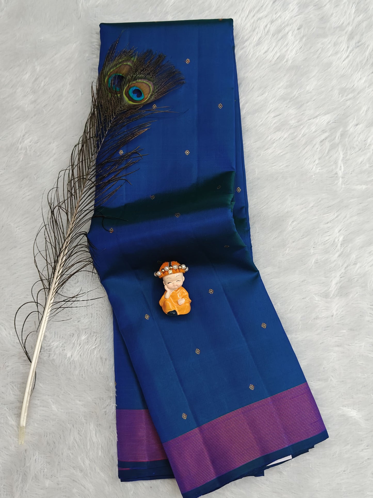 Peacock Blue Pure Silk Saree with Purple Border