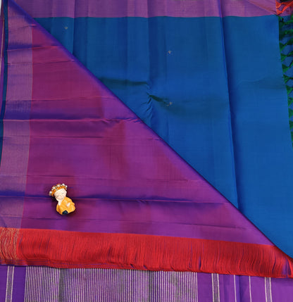 Peacock Blue Pure Silk Saree with Purple Border