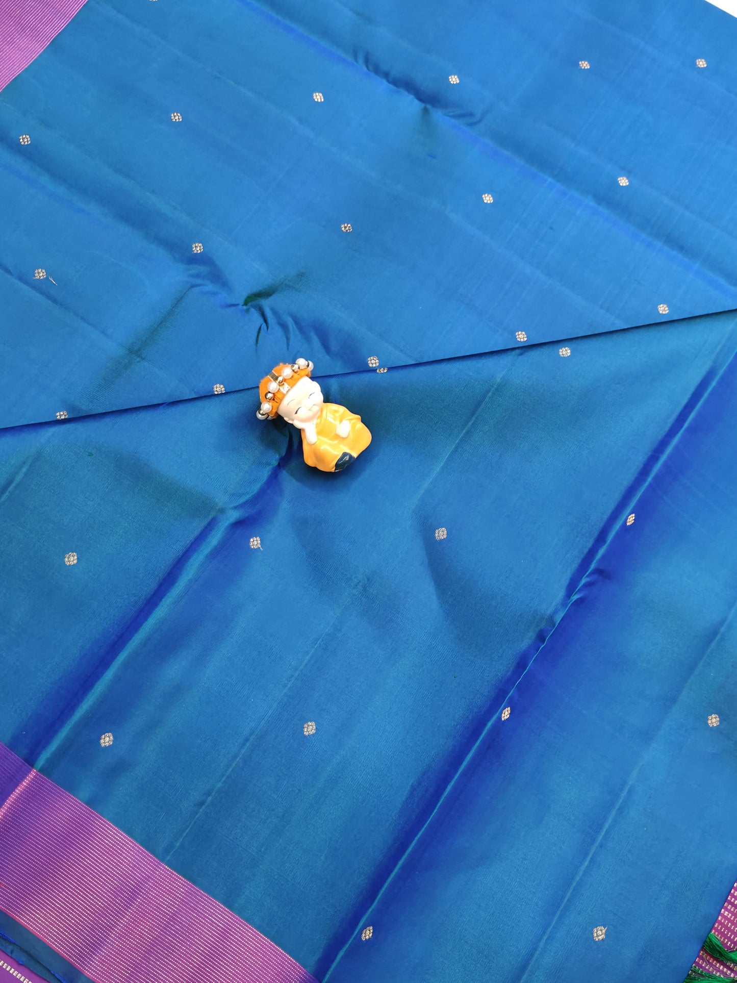 Peacock Blue Pure Silk Saree with Purple Border