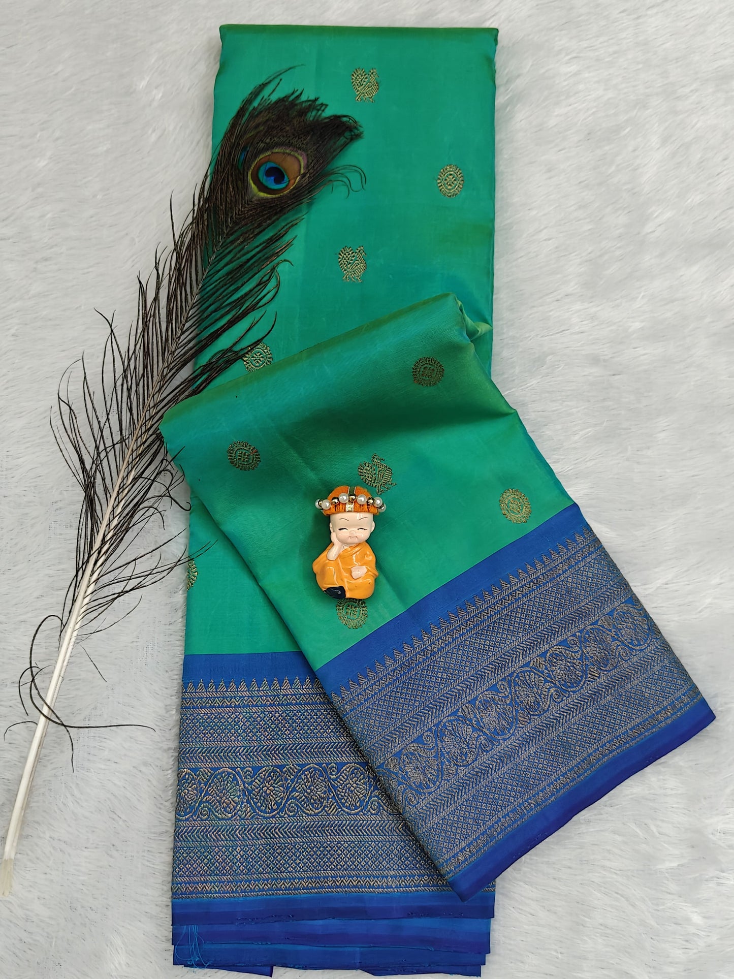 Sea Green Pure Silk Saree with Royal Blue Border
