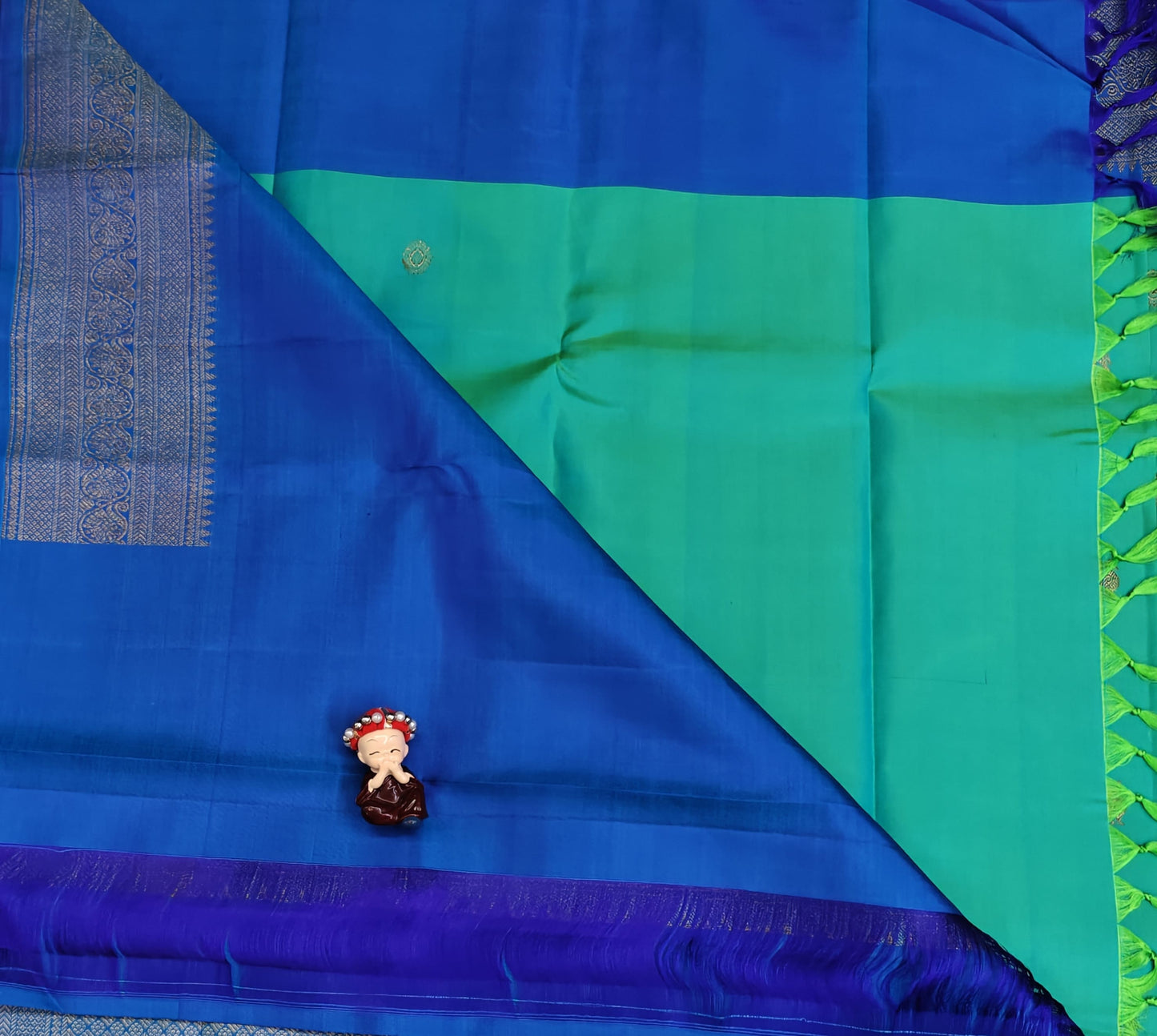 Sea Green Pure Silk Saree with Royal Blue Border