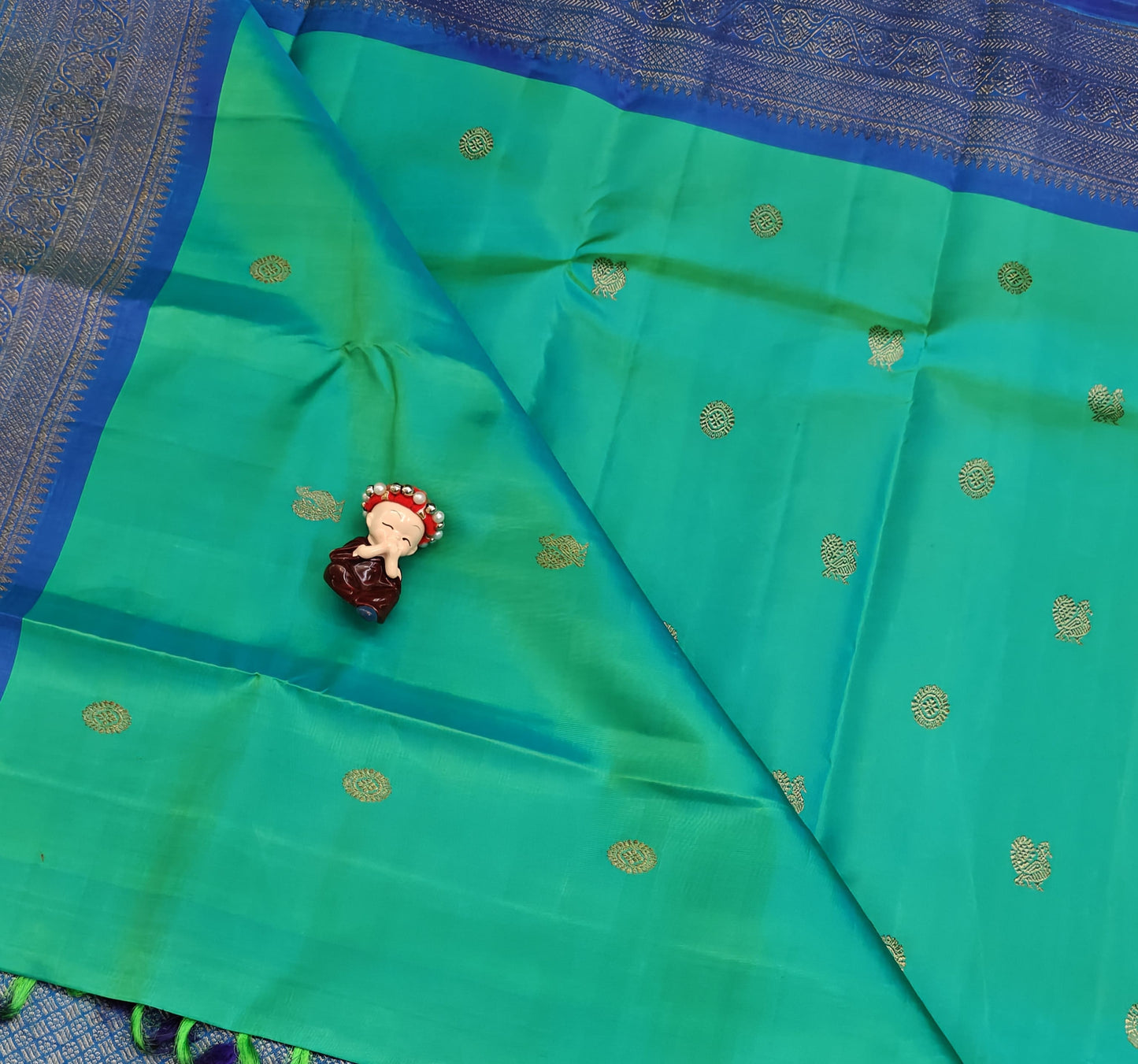 Sea Green Pure Silk Saree with Royal Blue Border