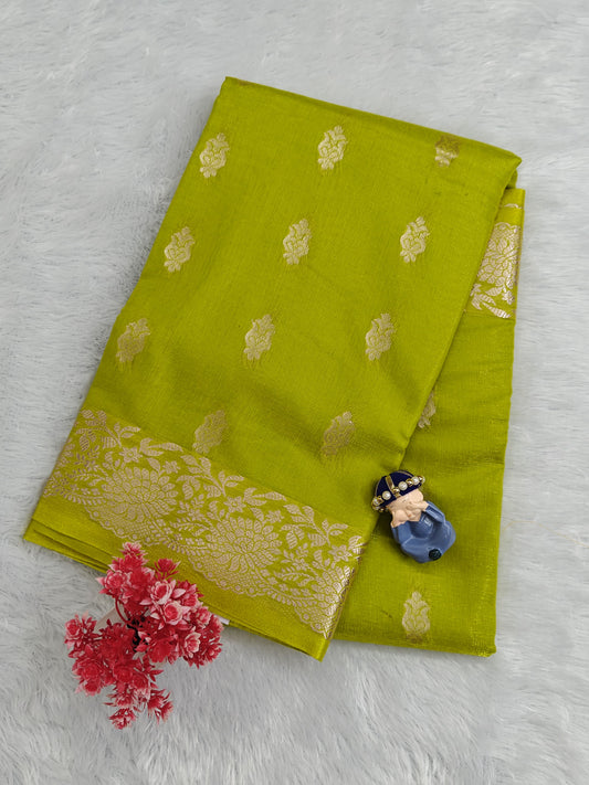 Green Satin Semi Silk Saree