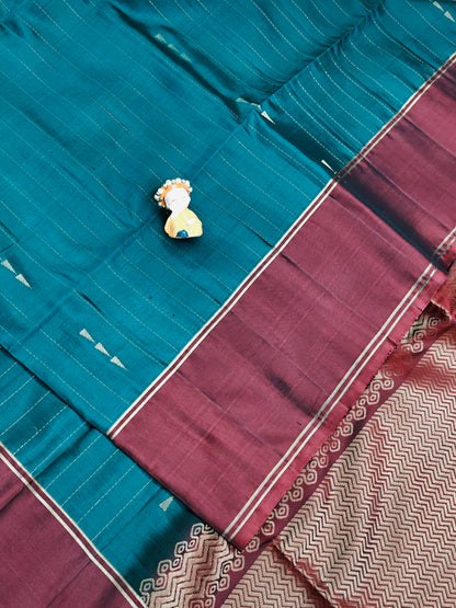 Teal Blue with Maroon Soft Silk Saree