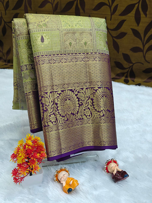 Green Tissue Bridal Silk Saree & Purple Border