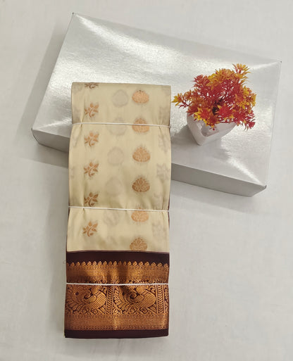 Kanchipuram Semi Silk Saree - Off-White with Brown Traditional Border
