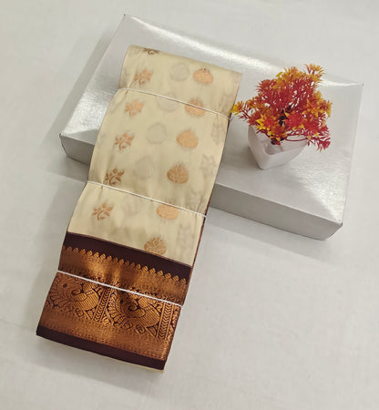 Kanchipuram Semi Silk Saree - Off-White with Brown Traditional Border