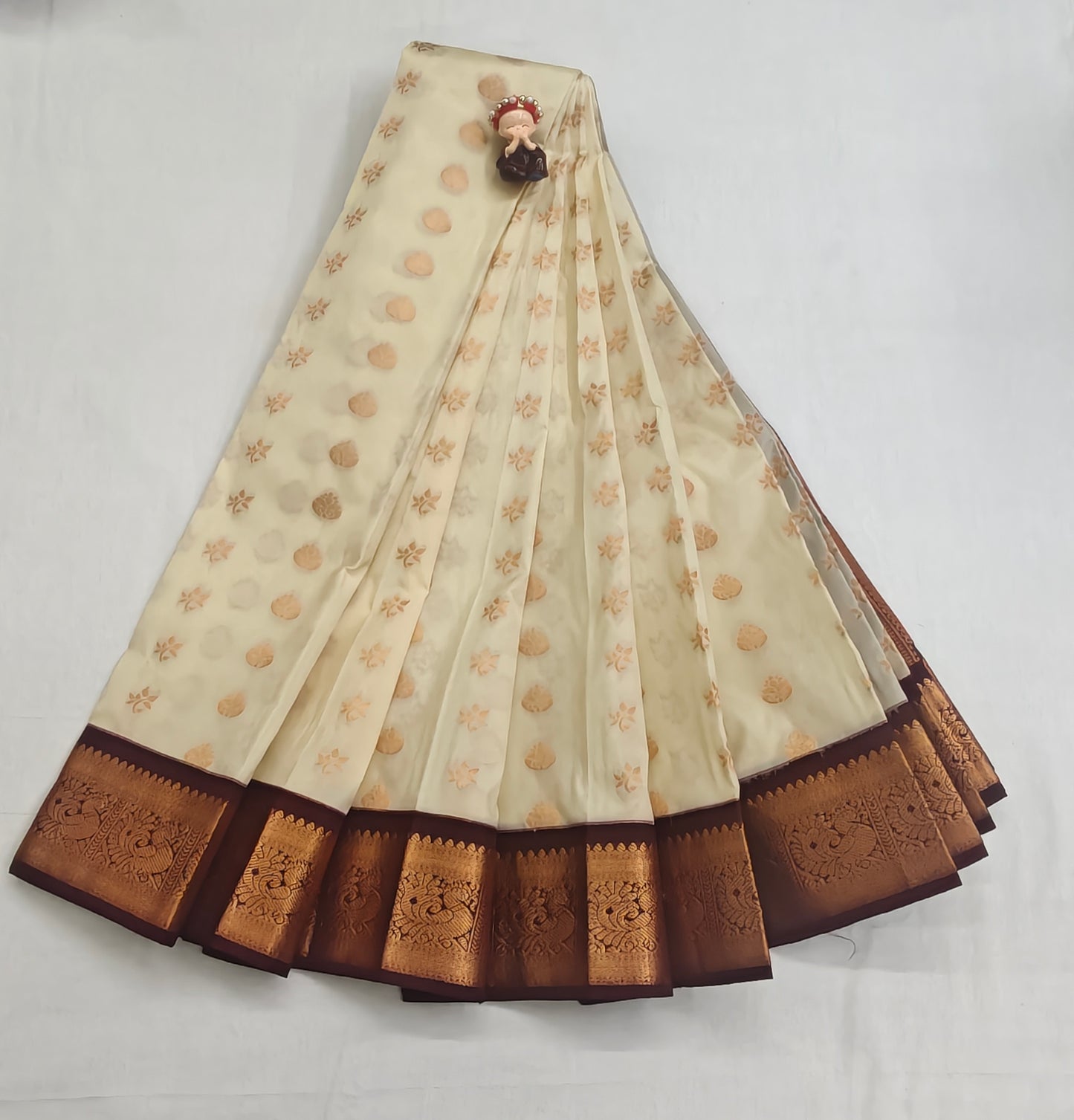 Kanchipuram Semi Silk Saree - Off-White with Brown Traditional Border