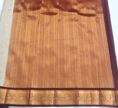 Kanchipuram Semi Silk Saree - Off-White with Brown Traditional Border