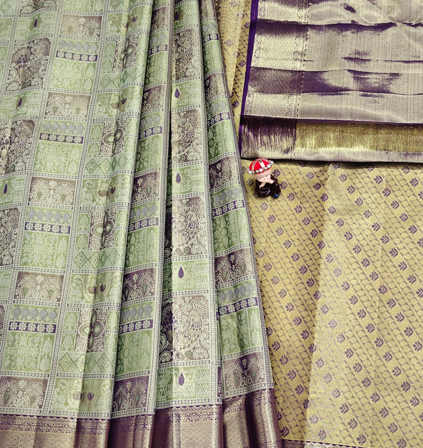Green Tissue Bridal Silk Saree & Purple Border