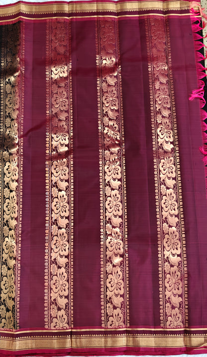 Black Pure Silk Saree with Wine Pink Border