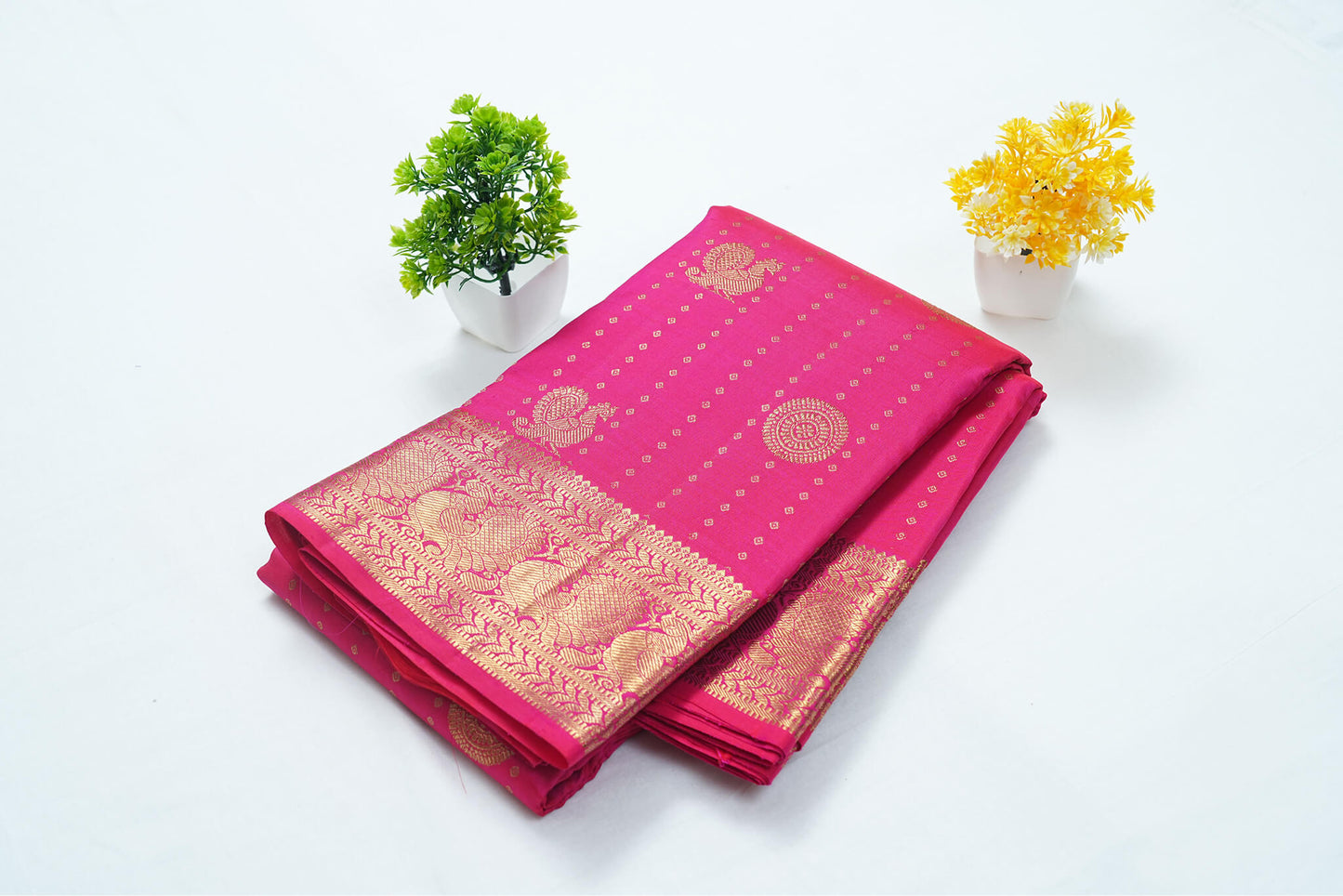 Kanchipuram Pure Bridal Saree - Rani Pink with Gold Design Border