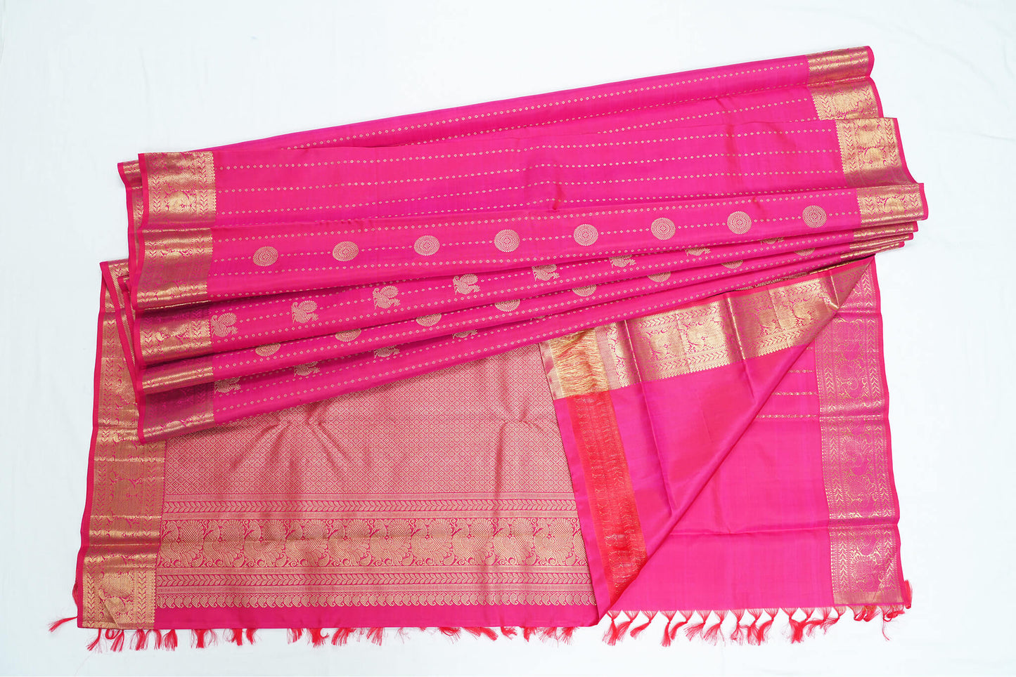 Kanchipuram Pure Bridal Saree - Rani Pink with Gold Design Border