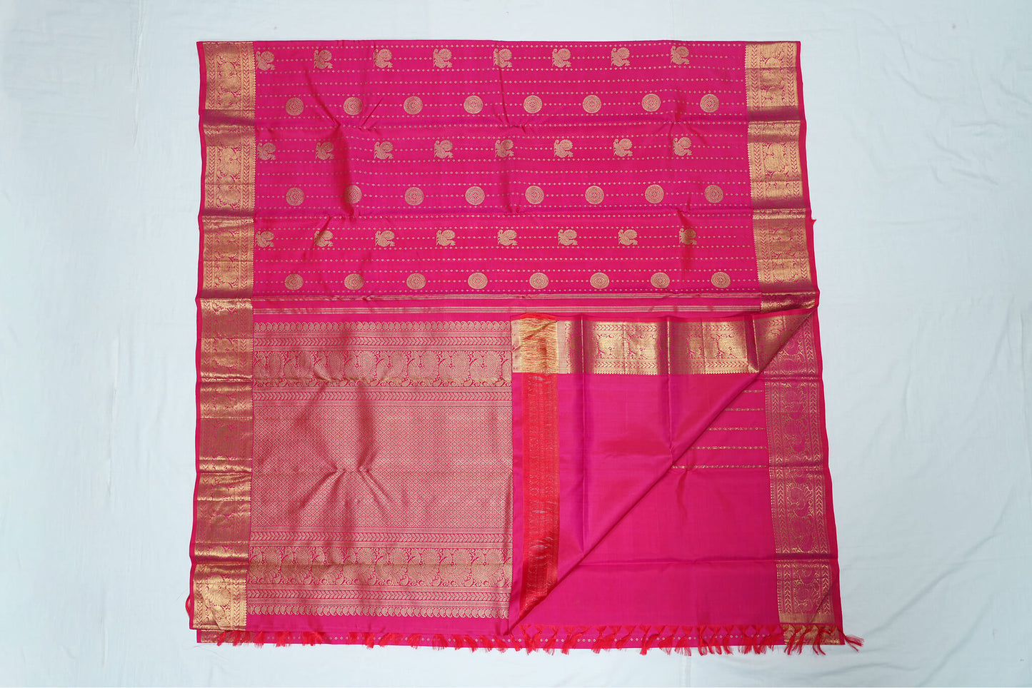 Kanchipuram Pure Bridal Saree - Rani Pink with Gold Design Border