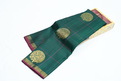 Green Pink Checked Pure Kanchipuram Handloom Silk Saree