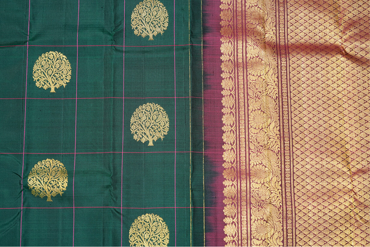 Green Pink Checked Pure Kanchipuram Handloom Silk Saree