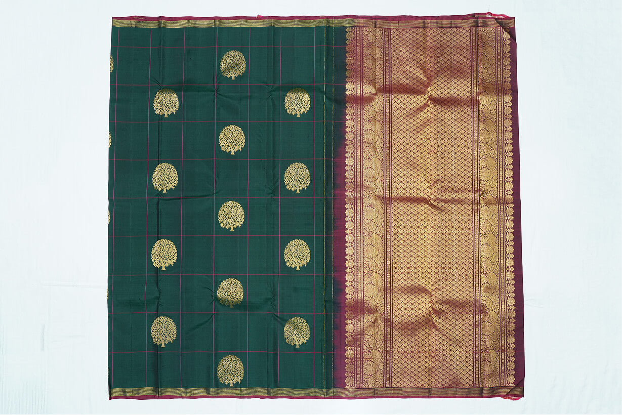 Green Pink Checked Pure Kanchipuram Handloom Silk Saree