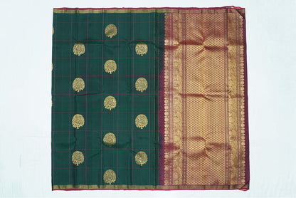 Green Pink Checked Pure Kanchipuram Handloom Silk Saree