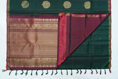 Green Pink Checked Pure Kanchipuram Handloom Silk Saree