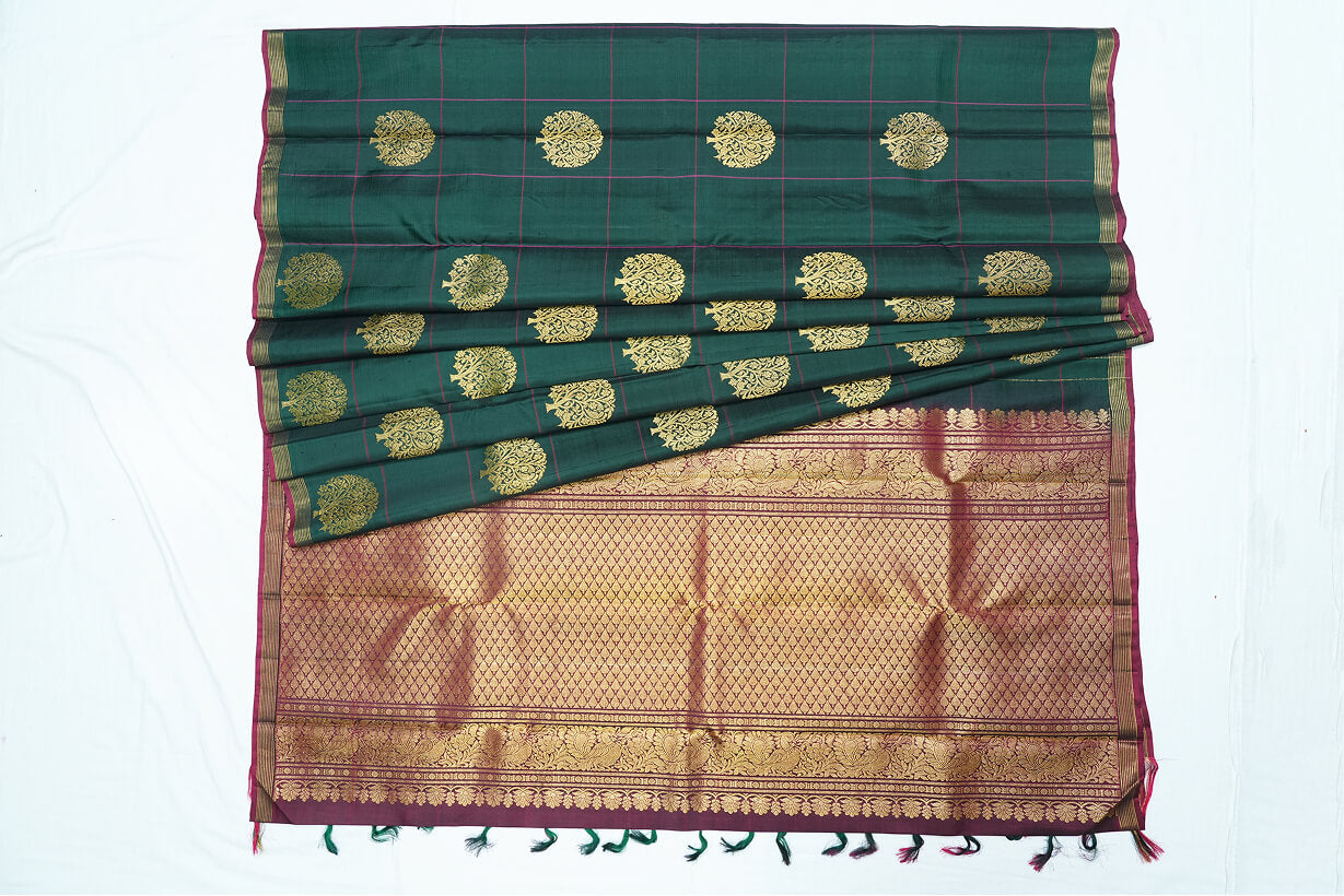 Green Pink Checked Pure Kanchipuram Handloom Silk Saree